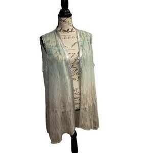 Chicos Sheer Lightweight Kimono Teal Tan Cream Silver Womens Size Large (Chico's